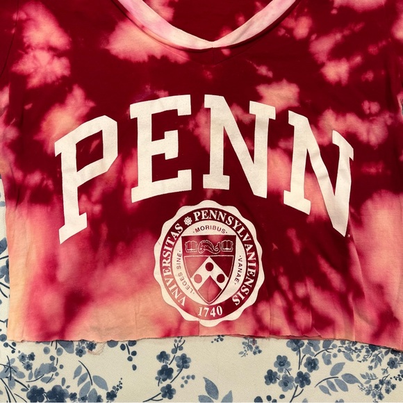 One of a Kind Tie Dye Red and White UPenn Cropped Vneck T Shirt - Picture 3 of 4